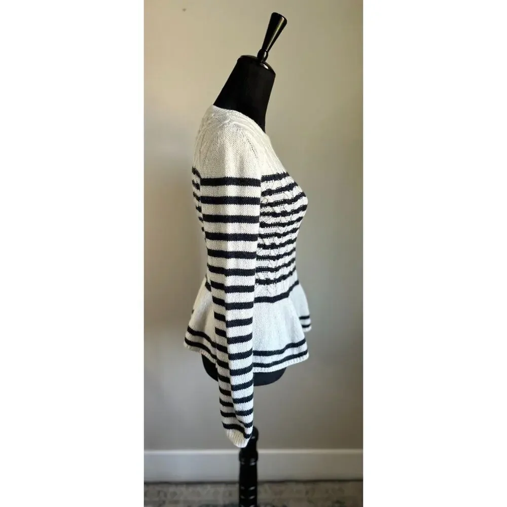 MASSIMO DUTTI Striped Cable Knit Peplum Sweater in White Size M